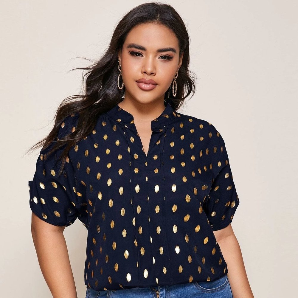 Navy Blue Gilded Dot Print Blouse SZ 1X